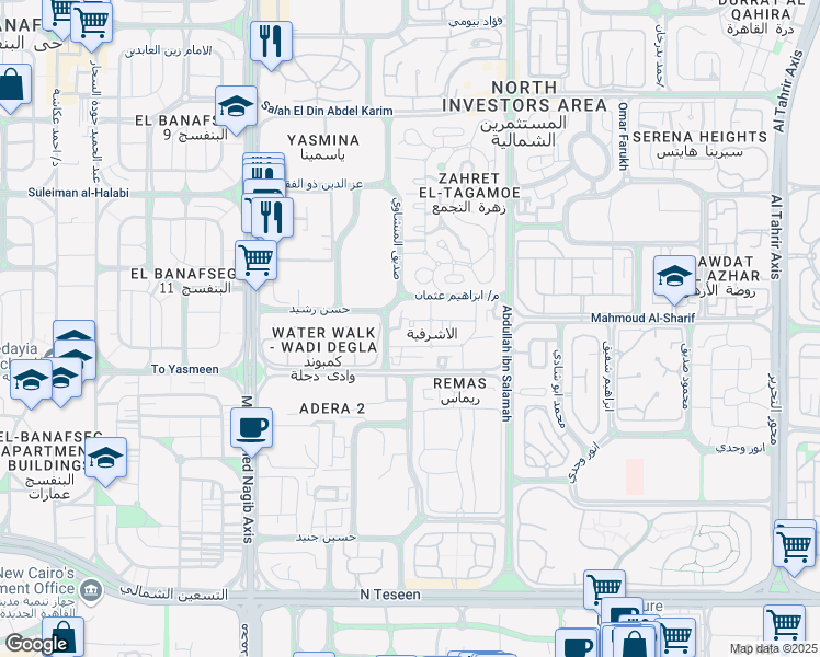 map of restaurants, bars, coffee shops, grocery stores, and more near in New Cairo 1