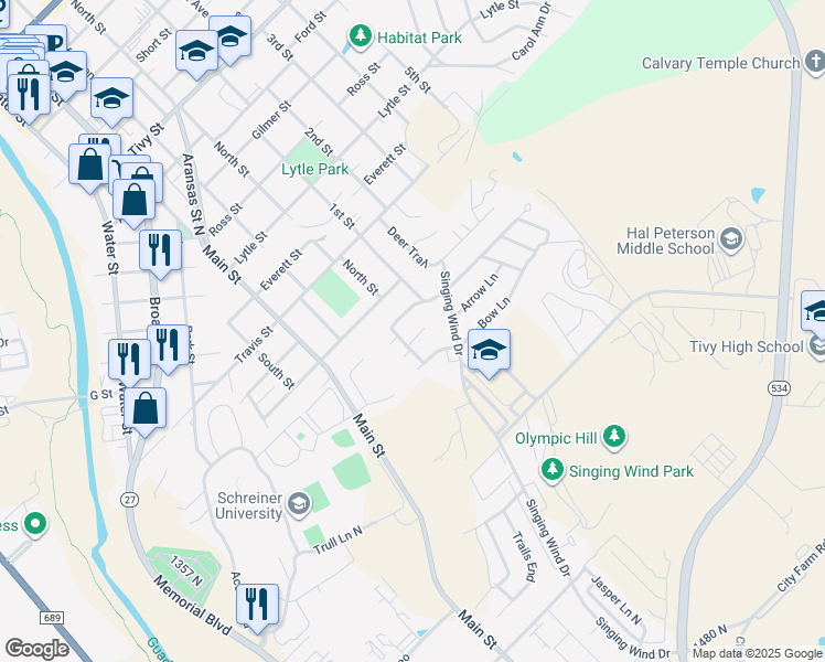 map of restaurants, bars, coffee shops, grocery stores, and more near 515 Wigwam Lane in Kerrville