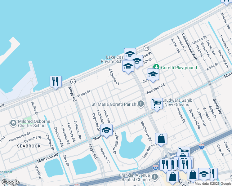 map of restaurants, bars, coffee shops, grocery stores, and more near 7631 Ebbtide Drive in New Orleans