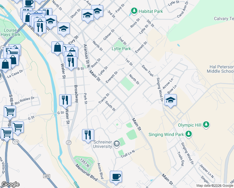 map of restaurants, bars, coffee shops, grocery stores, and more near 1708 East Main Street in Kerrville