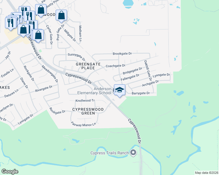 map of restaurants, bars, coffee shops, grocery stores, and more near 6218 Lynngate Drive in Spring