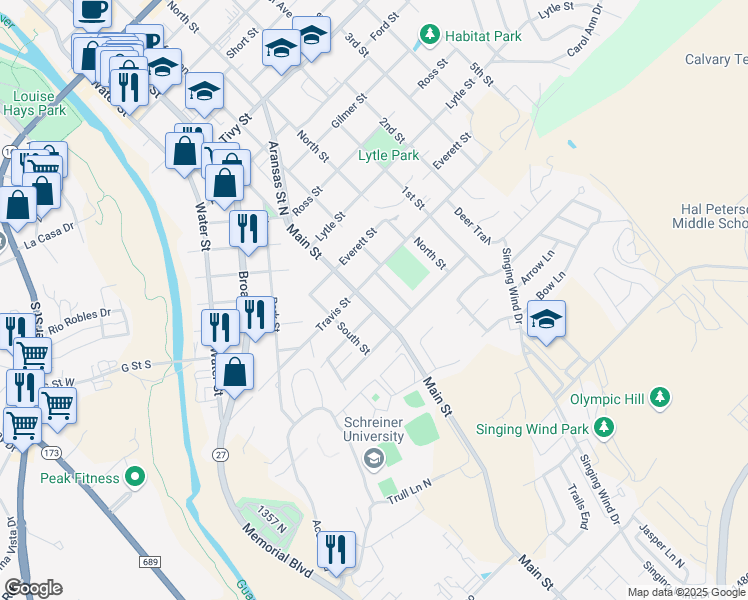map of restaurants, bars, coffee shops, grocery stores, and more near 1616 East Main Street in Kerrville