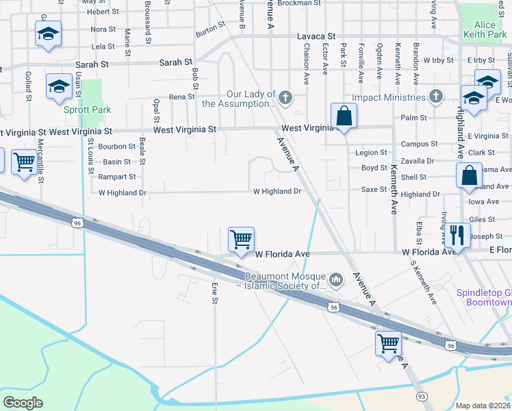 map of restaurants, bars, coffee shops, grocery stores, and more near 1605 West Highland Drive in Beaumont