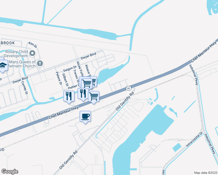map of restaurants, bars, coffee shops, grocery stores, and more near 14701 Chef Menteur Highway in New Orleans