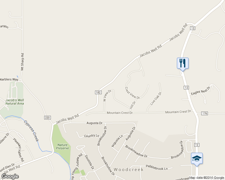 map of restaurants, bars, coffee shops, grocery stores, and more near 404 West View Drive in Wimberley