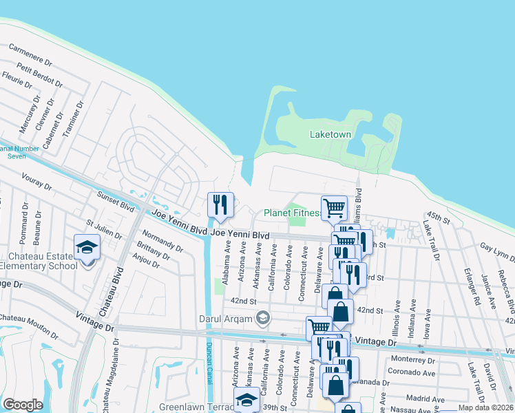 map of restaurants, bars, coffee shops, grocery stores, and more near 1600 Joe Yenni Boulevard in Kenner