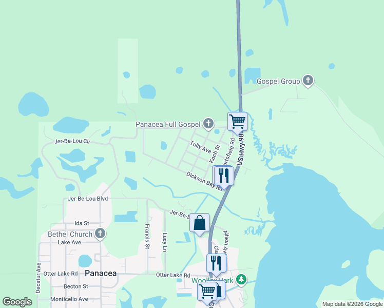 map of restaurants, bars, coffee shops, grocery stores, and more near 10 Hardee Avenue in Panacea