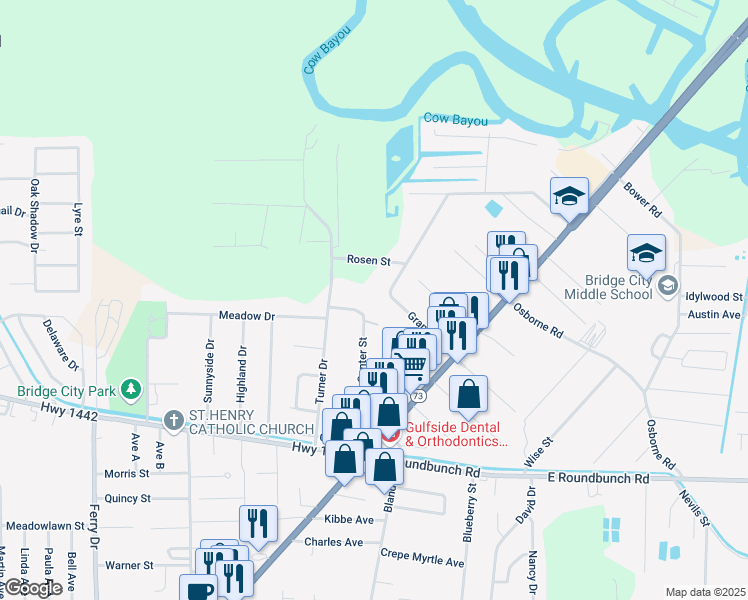 map of restaurants, bars, coffee shops, grocery stores, and more near 986 Center Street in Bridge City