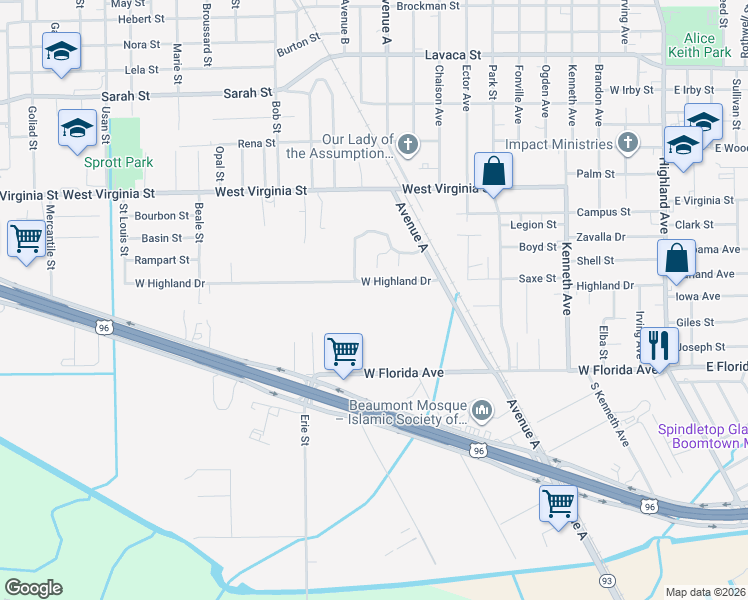 map of restaurants, bars, coffee shops, grocery stores, and more near 1605 West Highland Drive in Beaumont