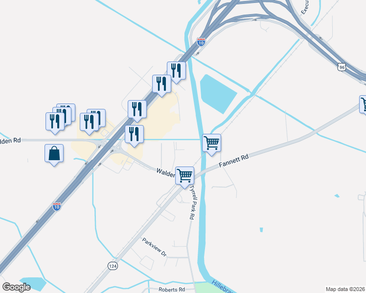 map of restaurants, bars, coffee shops, grocery stores, and more near 5065 Shelley Drive in Beaumont