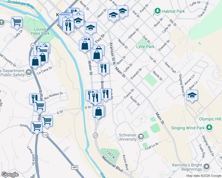 map of restaurants, bars, coffee shops, grocery stores, and more near 517 E St in Kerrville