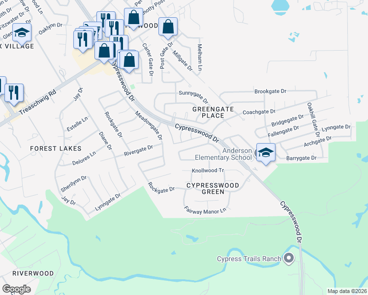 map of restaurants, bars, coffee shops, grocery stores, and more near 5835 Fallengate Drive in Spring