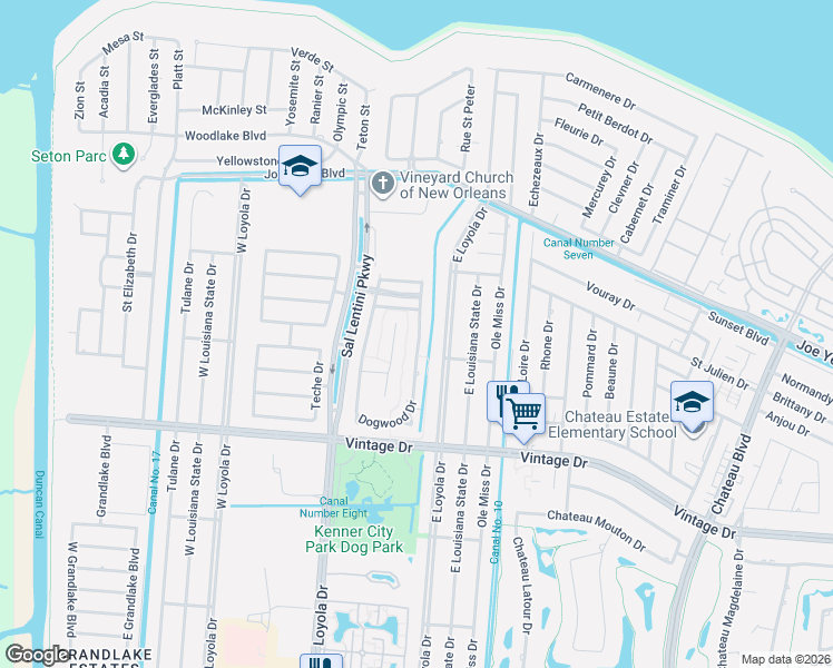 map of restaurants, bars, coffee shops, grocery stores, and more near Dogwood Dr in Kenner