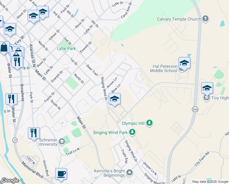 map of restaurants, bars, coffee shops, grocery stores, and more near 701 Bow Lane in Kerrville