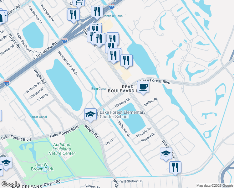 map of restaurants, bars, coffee shops, grocery stores, and more near 11276 Lake Forest Boulevard in New Orleans