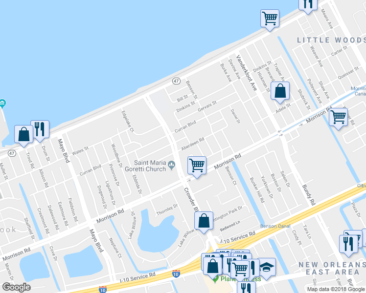 map of restaurants, bars, coffee shops, grocery stores, and more near 7451 Crowder Boulevard in New Orleans