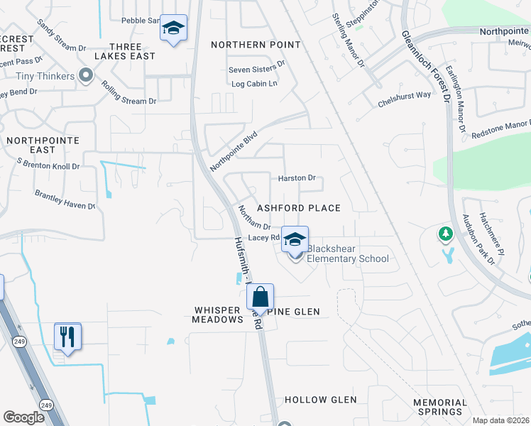 map of restaurants, bars, coffee shops, grocery stores, and more near 11010 Northam Drive in Tomball