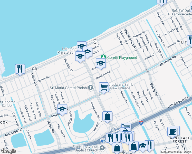 map of restaurants, bars, coffee shops, grocery stores, and more near 7451 Crowder Boulevard in New Orleans