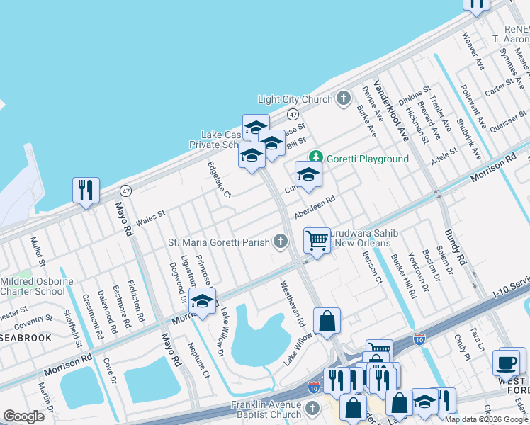map of restaurants, bars, coffee shops, grocery stores, and more near 8311 Aberdeen Road in New Orleans