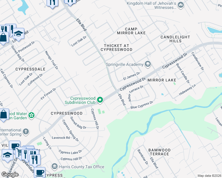 map of restaurants, bars, coffee shops, grocery stores, and more near 3603 Shipman Lane in Spring