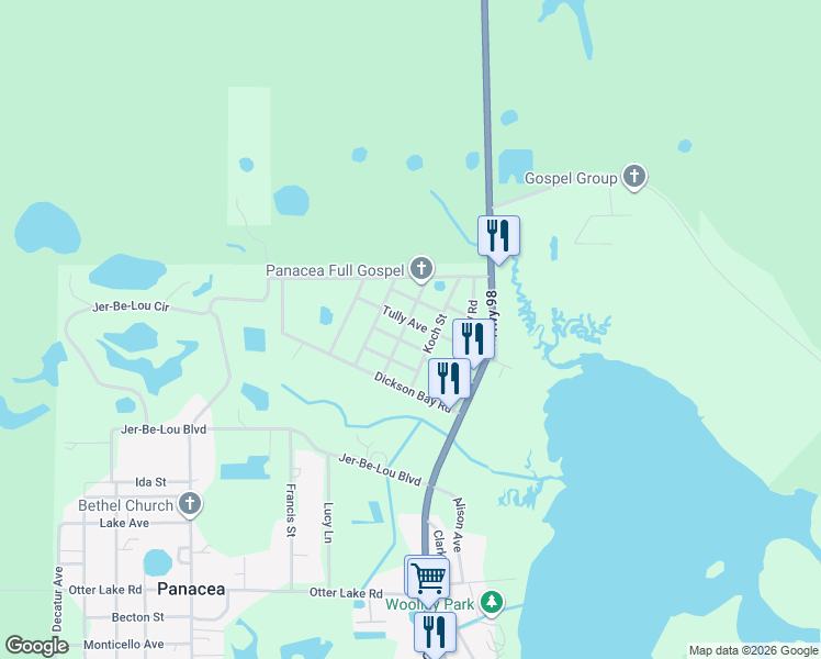 map of restaurants, bars, coffee shops, grocery stores, and more near 63 Tully Avenue in Panacea