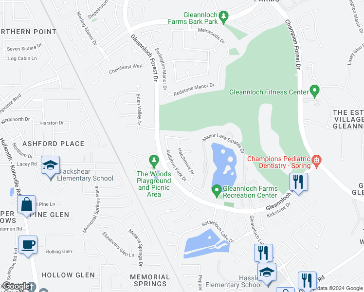 map of restaurants, bars, coffee shops, grocery stores, and more near 1454 Hatchmere Place in Spring