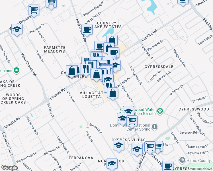map of restaurants, bars, coffee shops, grocery stores, and more near 18460 Kuykendahl Road in Spring