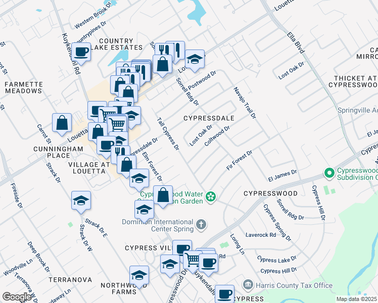 map of restaurants, bars, coffee shops, grocery stores, and more near 4050 Lost Oak Drive in Spring