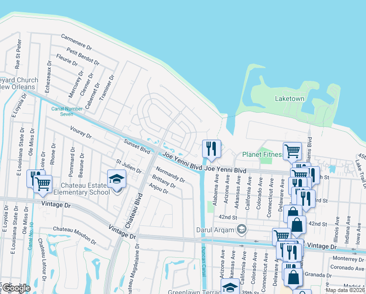 map of restaurants, bars, coffee shops, grocery stores, and more near 115 Palmetto in Kenner