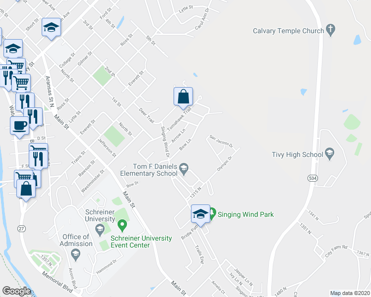 map of restaurants, bars, coffee shops, grocery stores, and more near 703 Bow Lane in Kerrville