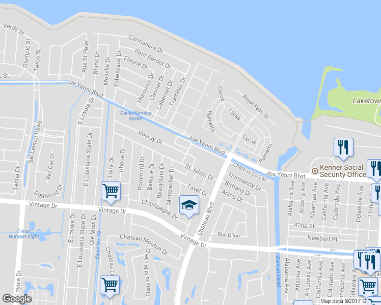 map of restaurants, bars, coffee shops, grocery stores, and more near 4212 Paradis Lane in Kenner