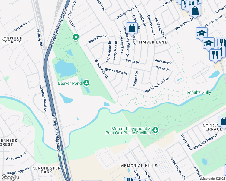 map of restaurants, bars, coffee shops, grocery stores, and more near 22711 Bridgewater Drive in Spring