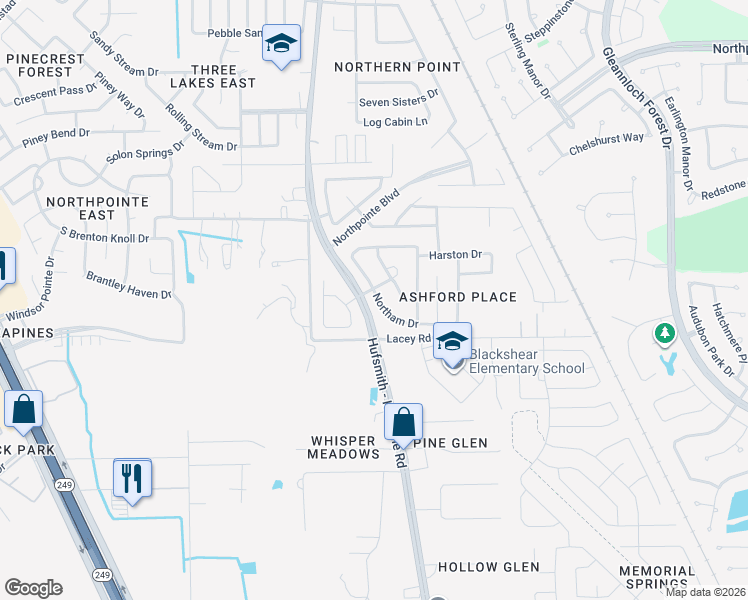 map of restaurants, bars, coffee shops, grocery stores, and more near 11311 Northam Drive in Tomball