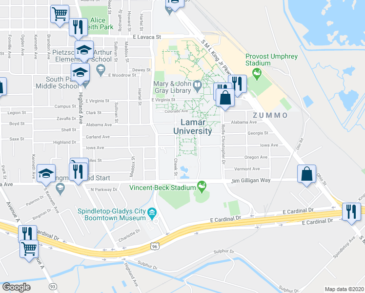 map of restaurants, bars, coffee shops, grocery stores, and more near 829 Iowa Avenue in Beaumont