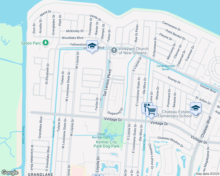 map of restaurants, bars, coffee shops, grocery stores, and more near 9 Dogwood Drive in Kenner
