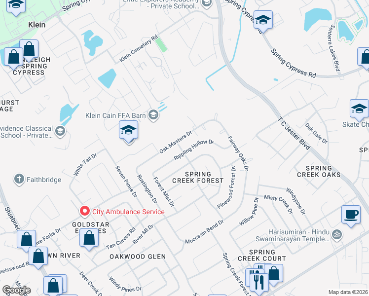 map of restaurants, bars, coffee shops, grocery stores, and more near 6415 Oak Masters Drive in Spring