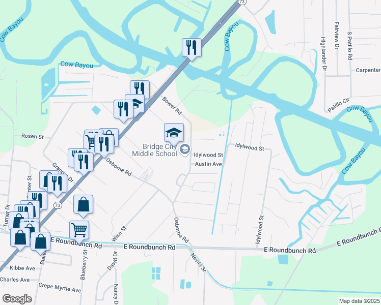 map of restaurants, bars, coffee shops, grocery stores, and more near 300 Bower Road in Bridge City