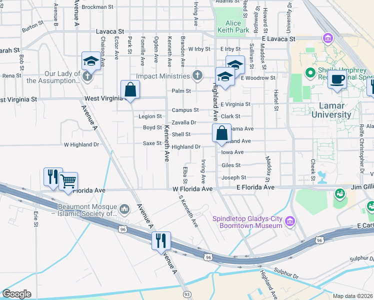 map of restaurants, bars, coffee shops, grocery stores, and more near 725 Highland Drive in Beaumont