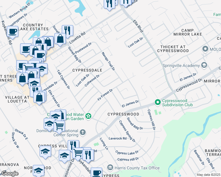 map of restaurants, bars, coffee shops, grocery stores, and more near 3914 Fir Forest Drive in Spring