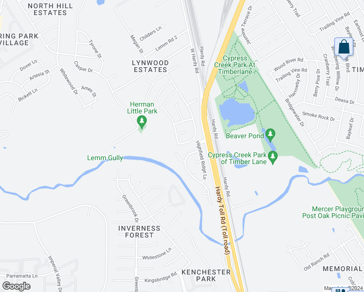 map of restaurants, bars, coffee shops, grocery stores, and more near 1414 Meadowhigh Lane in Spring