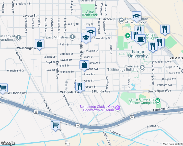map of restaurants, bars, coffee shops, grocery stores, and more near 285 Iowa Avenue in Beaumont
