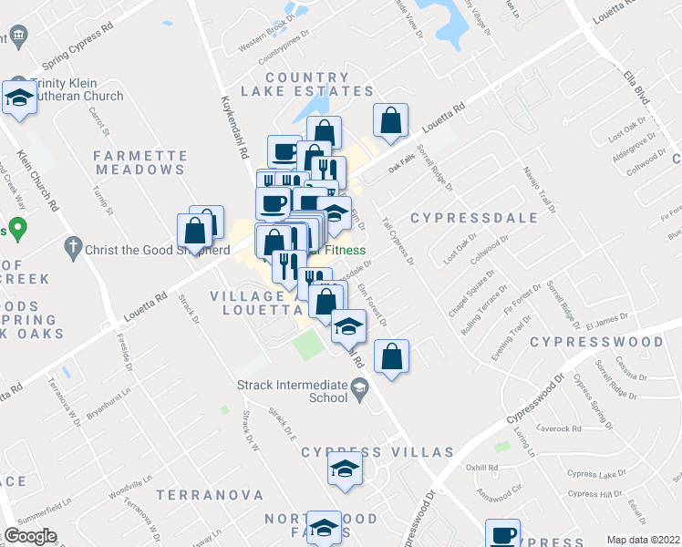 map of restaurants, bars, coffee shops, grocery stores, and more near 4806 Cypressdale Drive in Spring
