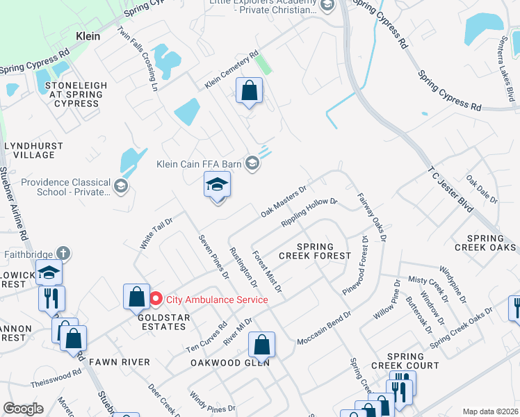 map of restaurants, bars, coffee shops, grocery stores, and more near 17810 Spring Creek Forest Drive in Spring
