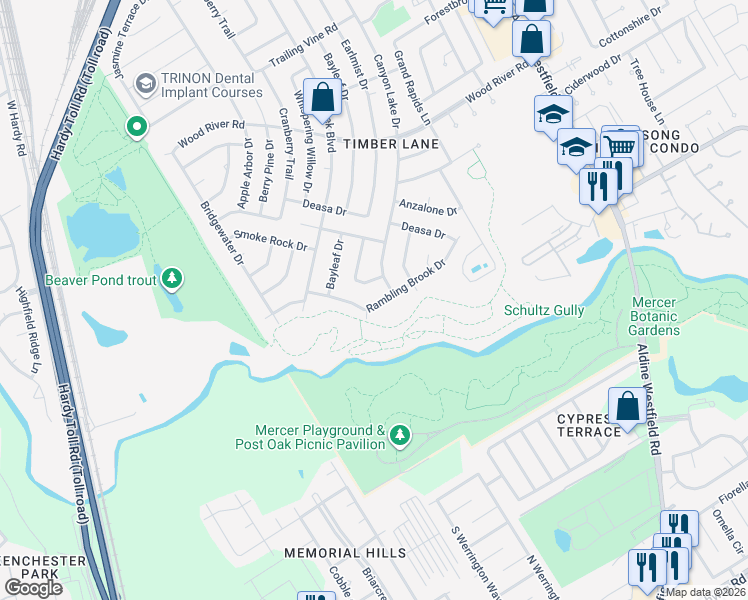 map of restaurants, bars, coffee shops, grocery stores, and more near 22723 Earlmist Drive in Spring