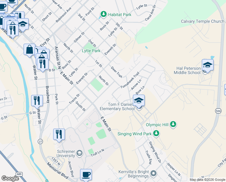 map of restaurants, bars, coffee shops, grocery stores, and more near 1832 North Street in Kerrville