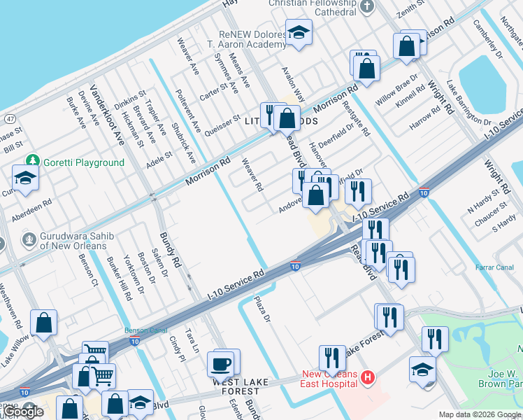 map of restaurants, bars, coffee shops, grocery stores, and more near 9719 West Wheaton Circle in New Orleans