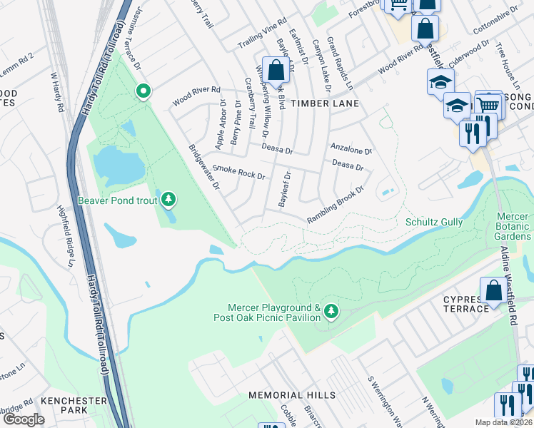 map of restaurants, bars, coffee shops, grocery stores, and more near 22707 Bayleaf Drive in Spring