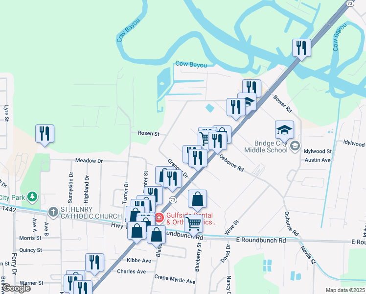 map of restaurants, bars, coffee shops, grocery stores, and more near 230 Tenney Street in Bridge City