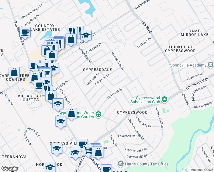 map of restaurants, bars, coffee shops, grocery stores, and more near 18102 Cypress Spring Drive in Spring