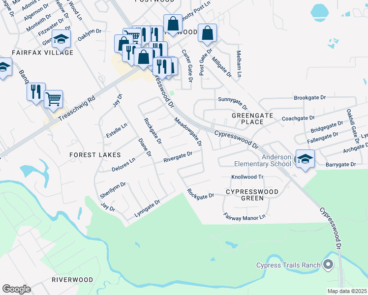map of restaurants, bars, coffee shops, grocery stores, and more near 5622 Cypressgate Drive in Spring